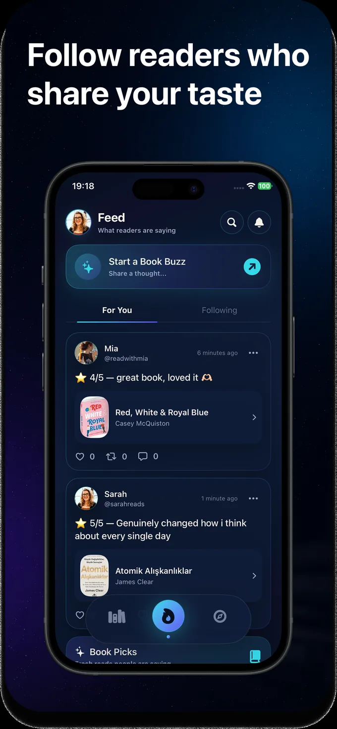 BookHub Social feed showing what other readers are saying